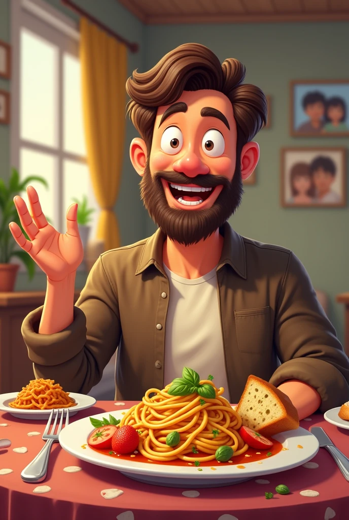 A cartoonist AI image of husband with a style of talking and a plate in front of husband with a dinner