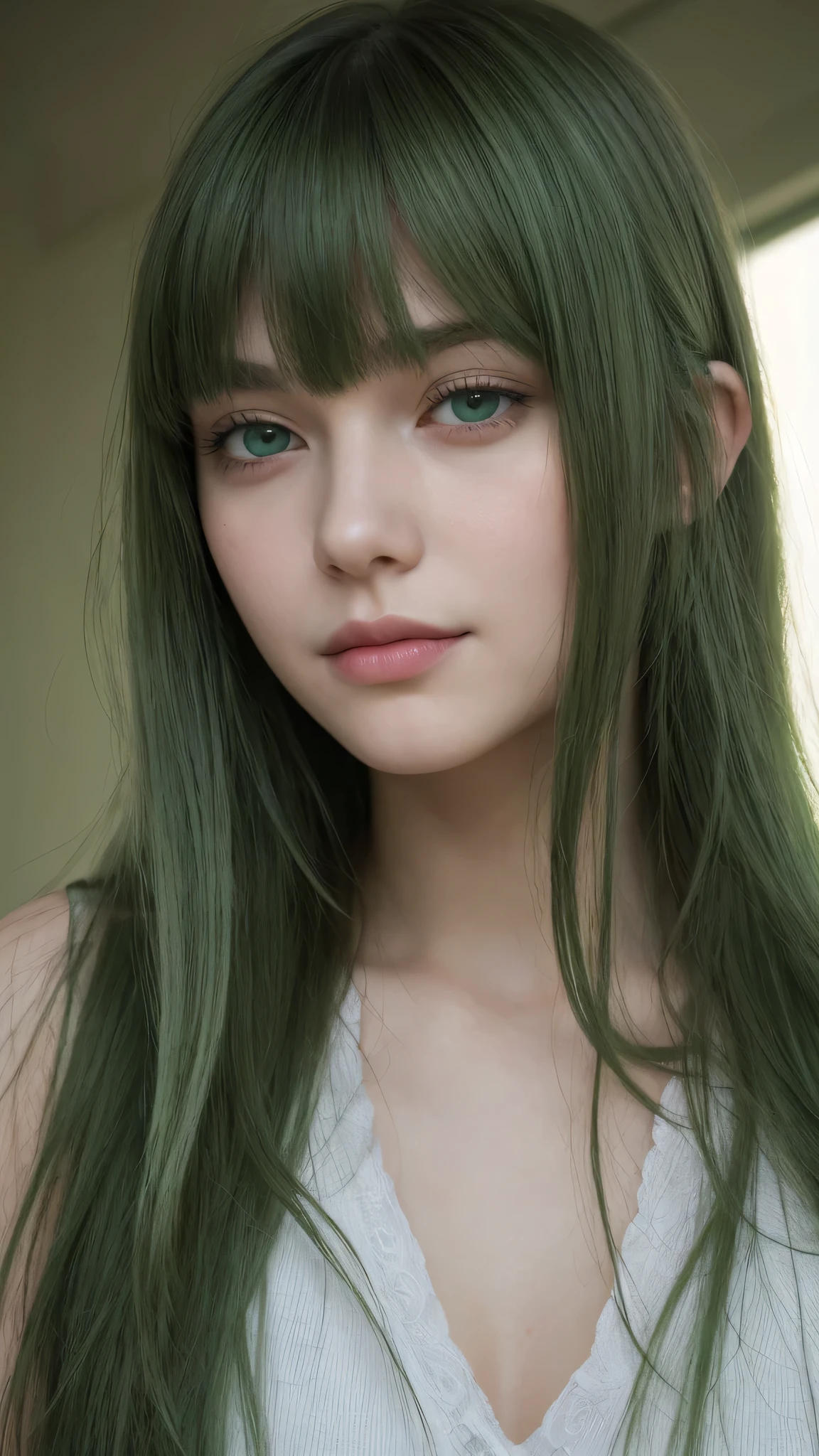 a girl. European. Extremely detailed face. Oval face. Delicate facial features. Half-closed eyes. Long straight hair. Messy hair. Bangs. Green hair. Green eyes. Lustful expression. sad mood. slight smile