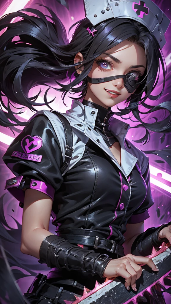 A beautiful girl wearing a black high-necked punk nurse outfit（20-year-old）A person with short purple-highlighted black hair, wearing an eyepatch with a heart on it, holding a small chainsaw and smiling.