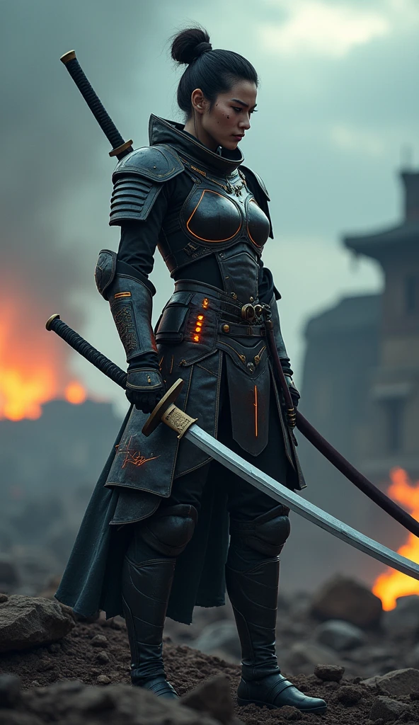Asian warrior from Nova Aeterna, with a strong build and the sharp features typical of a Japanese samurai. She stands on a rocky battlefield under a stormy sky, showing a mix of determination and inner conflict. Her armor merges traditional Japanese samurai design with futuristic materials, featuring battle damage and glowing energy lines. She holds a katana with alien technology. The background shows recent battle damage with ruins and distant fires. Ensure high detail in her armor, realistic facial expressions, and the dramatic battlefield environment