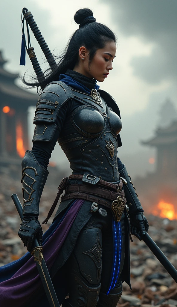 Asian warrior from Nova Aeterna, with a strong build and the sharp features typical of a Japanese samurai. She stands on a rocky battlefield under a stormy sky, showing a mix of determination and inner conflict. Her armor merges traditional Japanese samurai design with futuristic materials, featuring battle damage and glowing energy lines. She holds a katana with alien technology. The background shows recent battle damage with ruins and distant fires. Ensure high detail in her armor, realistic facial expressions, and the dramatic battlefield environment