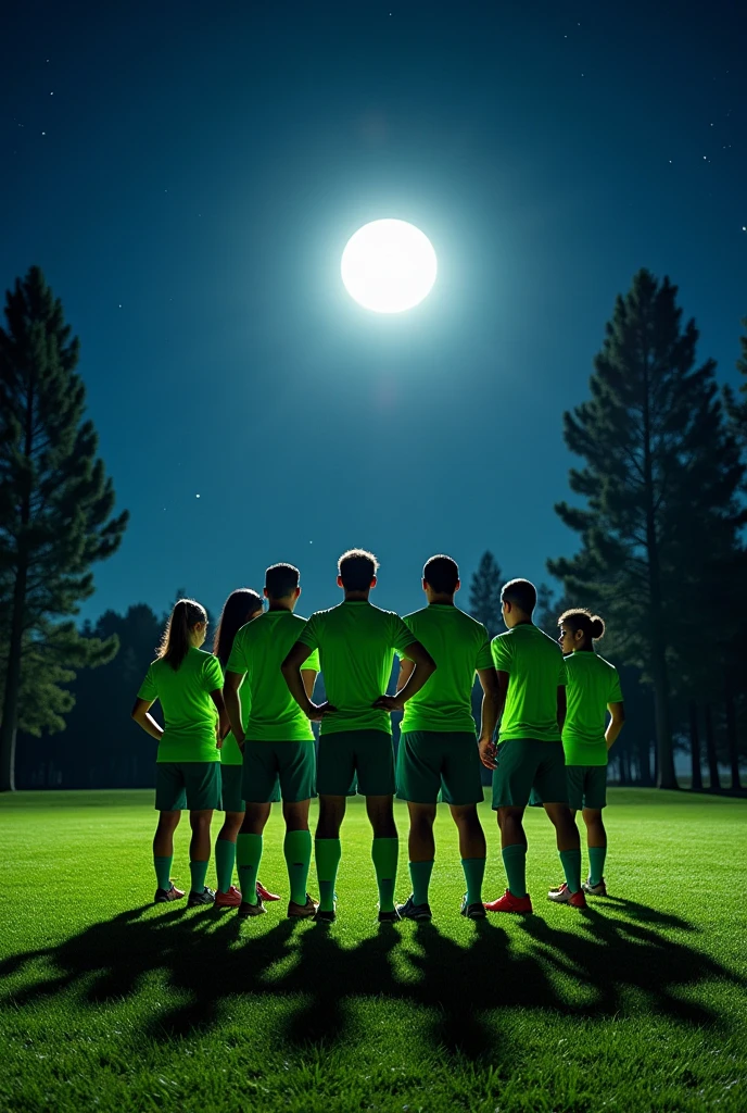 A football team gat green approne to play ia a ground, and the ground under the moon