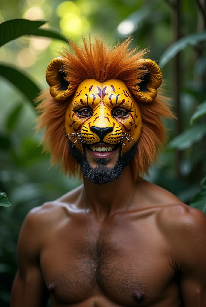 A man wearing a mask depicting a lion's face。The mask is cut into an inverted U shape to reveal the man's nose and mouth.。Smiling face。Front facing。
