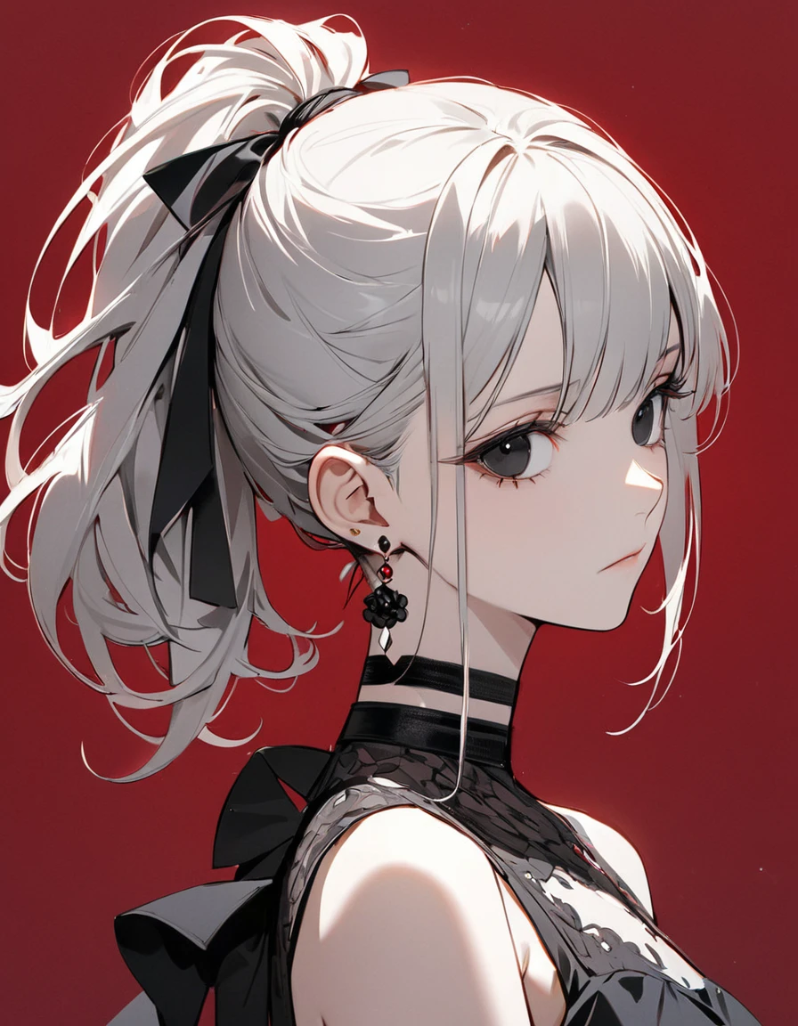 best quality, beautiful, hair tie, 8K, expressionless, side body, good anatomy, head tilt look view, black eyes, slim, dress, earrings, choker, concept, red background