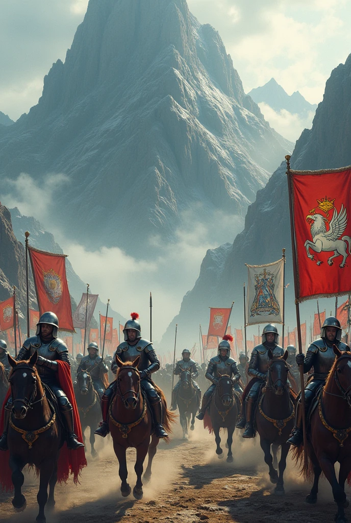 a mog, from which incomes soldiers with sabers on horses there is barely visible their flag with white eagle in crown and flag with a white person on the horse