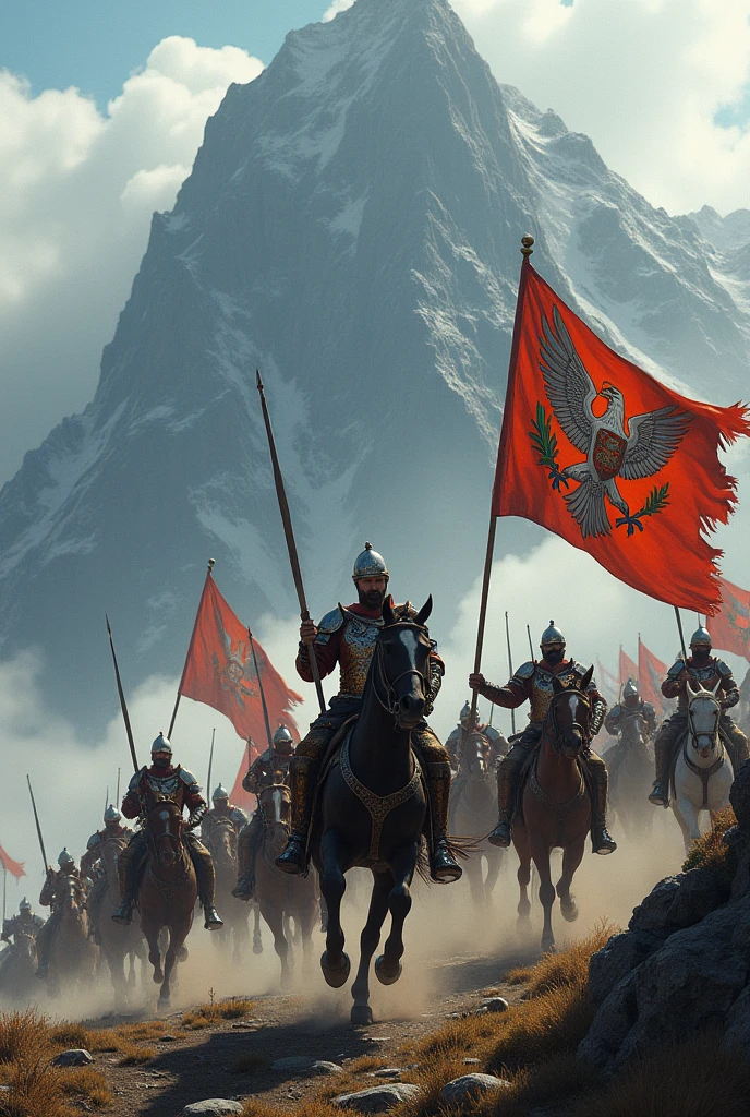 a mog, from which incomes soldiers with sabers on horses there is barely visible their flag with white eagle in crown and flag with a white person on the horse