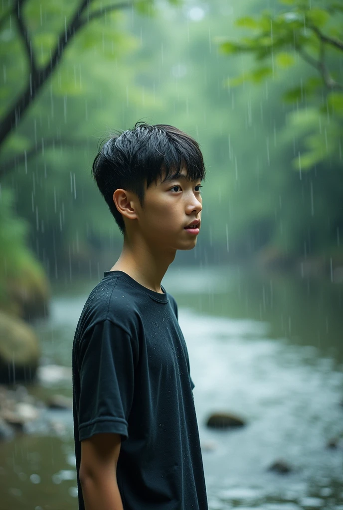 (skinny Japanese boy, 19 years old), surprised expression, not looking at the camera, standing beside a river, gentle rain falling, lush green trees blurred in the background, serene and tranquil atmosphere, cool tones enhancing the rainy mood, soft lighting creating a reflective ambiance,snap by film camera kodak tone,have a noise gain ,detailed droplets on his clothes, nature's calmness enveloping the scene, high quality (ultra-detailed).