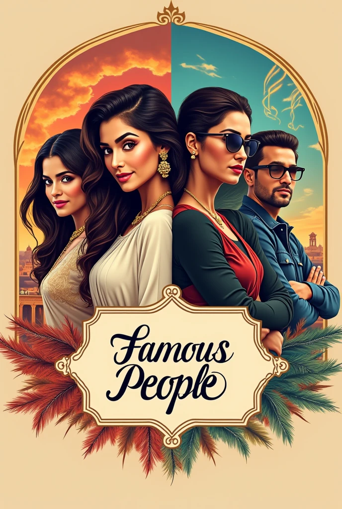 Create a poster featuring four Middle Eastern celebrities，The middle of the poster needs to say famous people middle east
