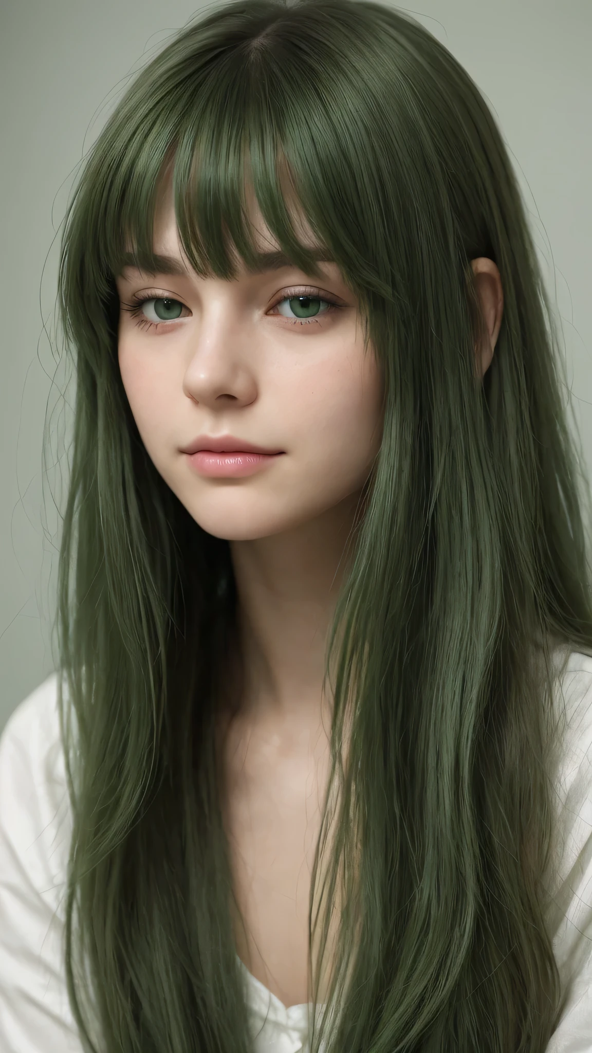 a girl. European. Extremely detailed face. Oval face. Delicate facial features. Half-closed eyes. Long straight hair. Messy hair. Bangs. Green hair. Green eyes. sad mood. slight smile