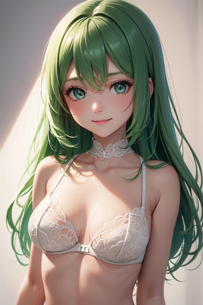 Best Quality,High resolution,8k,(plain white background, no patterns, no textures, just a plain white background:1.3),Masterpiece:1.2),beautiful girl,Big Breasts,(Shiny green hair:1.3),messy hair,Beautiful green eyes,A set of lingerie featuring intricate lace detailing. The bra has delicate lace trim along the edges with a floral or geometric pattern, and adjustable straps with small, refined accents. The panties are designed with matching lace, featuring a soft, breathable fabric with a touch of elegance. The color scheme is sophisticated, such as soft pastels or classic black with subtle touches of gold or silver,Gentle look,A refreshing look,smile,Best quality,Best Quality,Aesthetic and aesthetic:1.2,Best details((Super detailed))(High-definition CG illustrations),Slender body,smile,blush,cute,Scrounge,Looking up,Being spoiled,super model