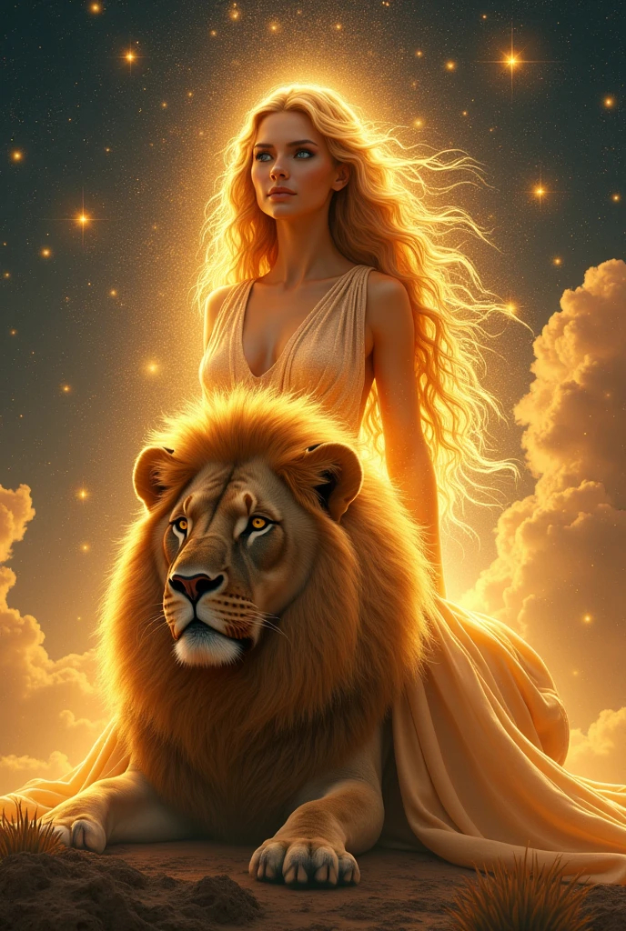 Leo, a female goddess, emits a golden light (divine radiance) all over her body. She is a female god of war, sitting on a male lion and caressing the lion with her hands. She is a beautiful and seductive goddess, with a golden galaxy,4K
