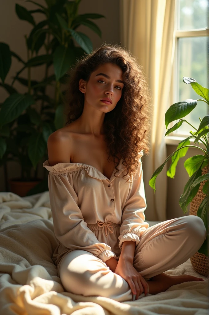 (photorealism:1.2), beautiful woman, sitting on bed, wearing loose off-shoulder top, pajama pants, long curly hair, indoors, soft lighting, plants in background, window with sunlight, cozy room, relaxed pose, realistic, intricate details, warm colors, by Greg Rutkowski, by Alphonse Mucha