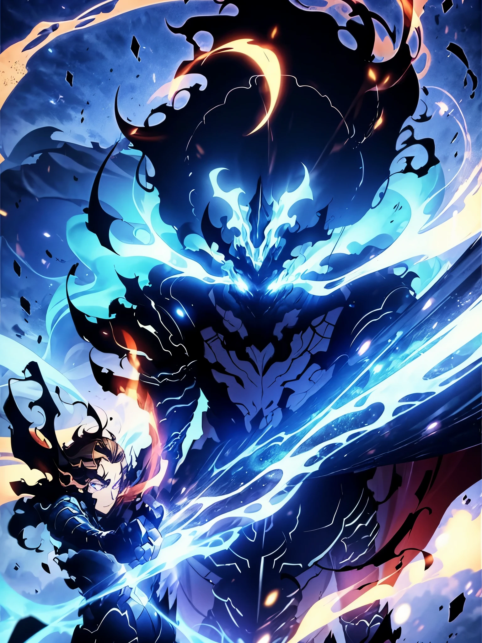 ultra HD 8k best quality,ultra-detailed,realistic:1.37,portrait,dark fantasy,anime,solo leveling,heroic character, one boy,Brown eyes, Brown hair, overcoat with hood, sharp focus,magical powers,mysterious aura,dynamic pose,threatening expression,glowing eyes,demonic presence,grim reaper cloak,detailed armor,enchanted weapon,dark background,eerie lighting,blue color palette,smoke effects,action scene,high contrast,fluid brush strokes,masterpiece:1.2
