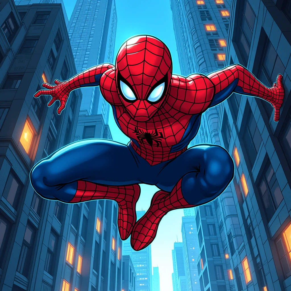 a highly detailed 4k comic book style illustration of spider-man swinging between skyscrapers, dynamic action pose, vivid blue hue, extremely detailed expressive facial features and costume, comic book shading and linework, vibrant colors, cinematic lighting, heroic and energetic atmosphere, masterfully executed, photorealistic, no deformity, no plastic, super realistic, stamping t-shirt