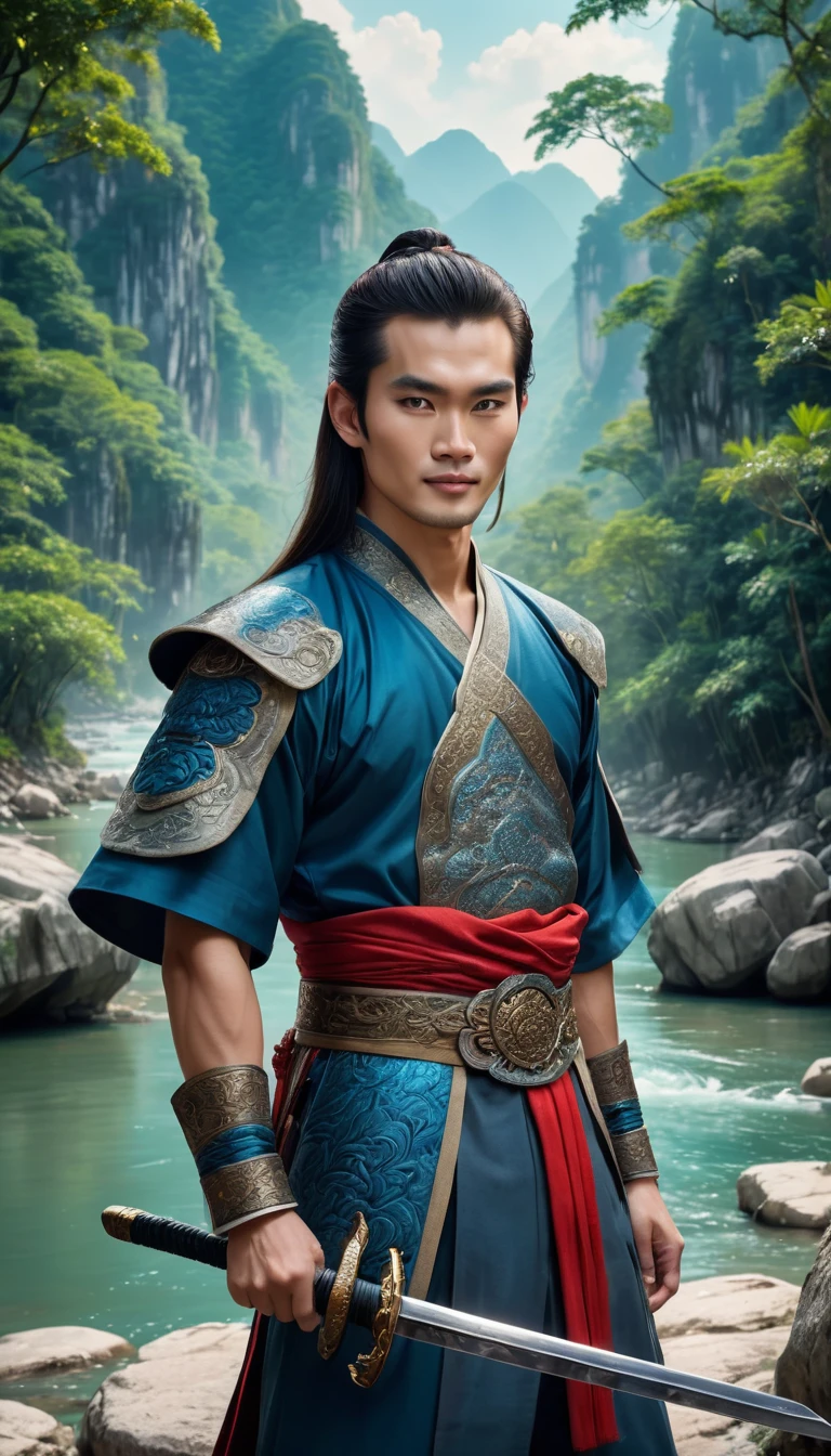 Character Lenh Ho Xung, work Tieu Ngao Giang Ho by Kim
Dung, China, ancient swordplay film. handsome young man, long hair, brown skin, very handsome makeup, hair with spiritual accessories, wearing ancient Chinese costumes of blue and red brocade in many colors, holding long ((sharp steel sword)), wearing jewelry care, smiling face, using high-end cosmetics. The photo shows a gentle, graceful look, strong spirit, the boy's eyes look straight into the lens. The background is the rocks on the river surrounded by trees, limestone pillars, mountain river trees, majestic natural scenery, beautiful Vietnamese jungle, beautiful nature in the background, Chinese scenery, forest and river, very beautiful scenery, beautiful jungle scenery, wonderful scenery, trees and cliffs. Background of the river forest, mountain forest scenery, beautiful jungle, blue sky, white clouds. Hong Kong cinema style. Cinematic light, high detail, 8K, artstation, artistic concept, any virtual darkness. Photo taken with Canon EOS R5 85mm f/11 camera, sharp mode of people and surroundings. Photo quality 8K, realistic, masterpiece, sharpest and highest contrast, amazing depth of field, stereoscopic light, strong and fierce emotion, detailed pore defect, Direct light on face, bright sunlight.