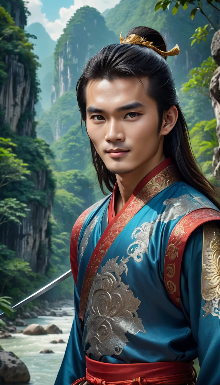 Character Lenh Ho Xung, work Tieu Ngao Giang Ho by Kim 
Dung, China, ancient swordplay film. handsome young man, long hair, brown skin, very handsome makeup, hair with spiritual accessories, wearing ancient Chinese costumes of blue and red brocade in many colors, holding long ((sharp steel sword)), wearing jewelry care, smiling face, using high-end cosmetics. The photo shows a gentle, graceful look, strong spirit, the boy's eyes look straight into the lens. The background is the rocks on the river surrounded by trees, limestone pillars, mountain river trees, majestic natural scenery, beautiful Vietnamese jungle, beautiful nature in the background, Chinese scenery, forest and river, very beautiful scenery, beautiful jungle scenery, wonderful scenery, trees and cliffs. Background of the river forest, mountain forest scenery, beautiful jungle, blue sky, white clouds. Hong Kong cinema style. Cinematic light, high detail, 8K, artstation, artistic concept, any virtual darkness. Photo taken with Canon EOS R5 85mm f/11 camera, sharp mode of people and surroundings. Photo quality 8K, realistic, masterpiece, sharpest and highest contrast, amazing depth of field, stereoscopic light, strong and fierce emotion, detailed pore defect, Direct light on face, bright sunlight.