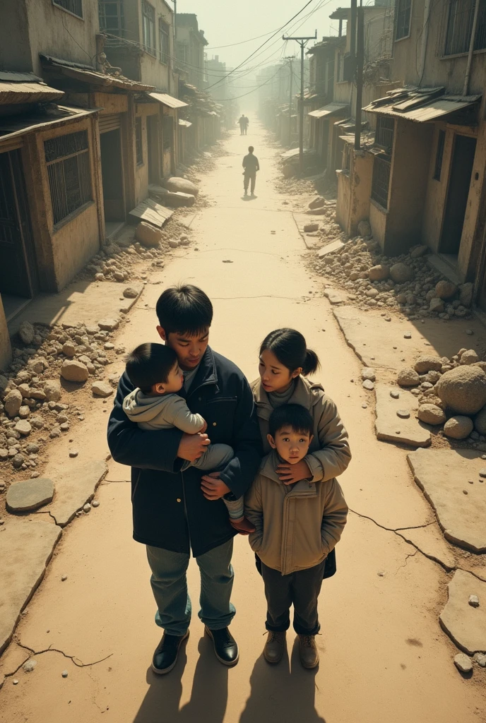 The image shows an overhead view of a korean family of four standing on a cracked, desolate sandy street under a giant shadow. The family, consisting of a father, mother, and two children, looks up towards the camera. The father, dressed in a dark jacket, is carrying the youngest boy child in his arms, while the mother, wearing a light brown jacket, stands beside them holding the oldest son's shoulder. The atmosphere is ominous, with dark shadows and debris scattered in the air, adding to the sense of danger and foreboding. The background shows a city in decay, with dilapidated buildings and a barren landscape. Large, dark strokes, possibly representing wind or sound effects, are drawn across the image, amplifying the tension and unease.
