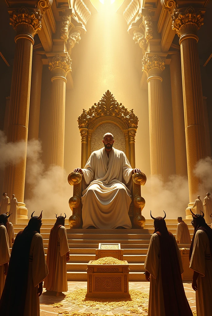 Great throne of God and God sitting on the throne with a book in his hand, transparent golden floor around 24 thrones 12 on each side with elders in white clothes sitting, In the middle a lamb as if sacrificed