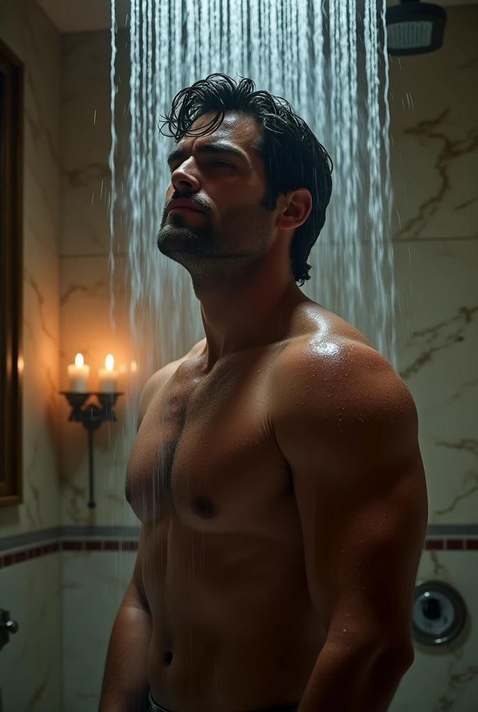 Henry Cavill with hairy chest in shower