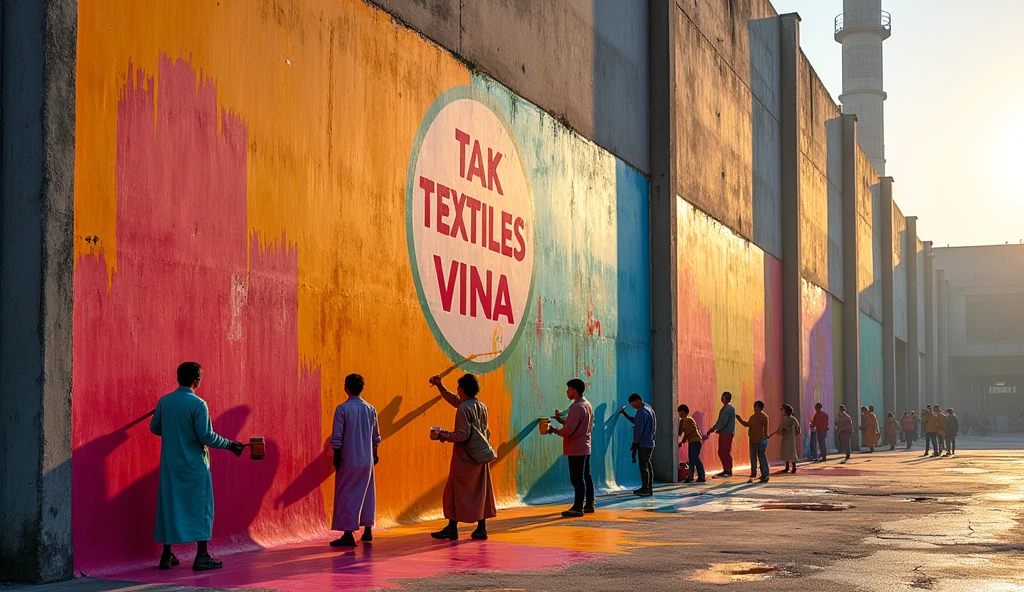 Vietnamese people painting the walls of a large factory building. The TAK TEXTILES VINA logo is painted on the wall. Wide angle. 