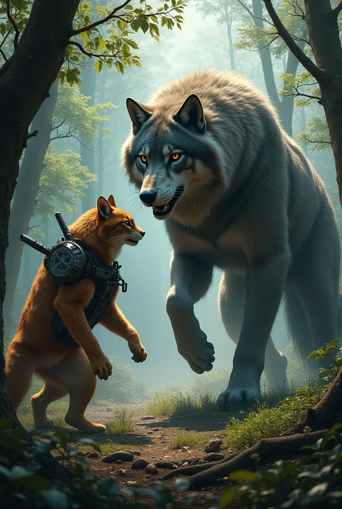 big giant wild cat. He has a gun in his chest.. He fights in the forest with a huge wolf..