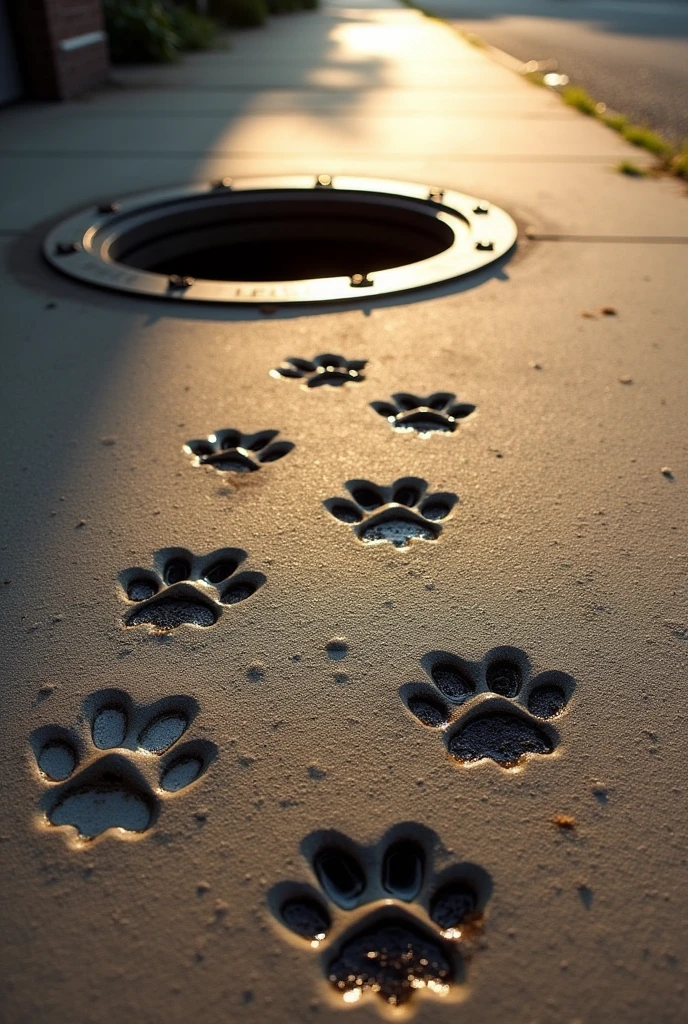 Wet cat paw prints appear on dry asphalt, leading in a straight line down a sidewalk. The trail of paw prints ends at an open manhole in the middle of the sidewalk, suggesting that the cat may have jumped inside