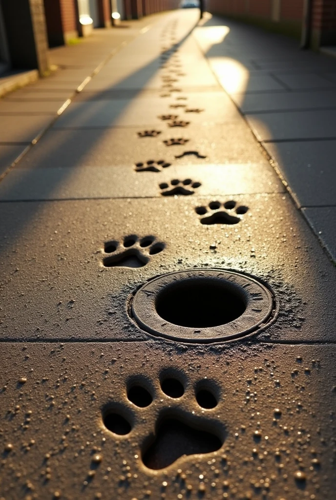Wet cat paw prints appear on dry asphalt, leading in a straight line down a sidewalk. The trail of paw prints ends at an open manhole in the middle of the sidewalk, suggesting that the cat may have jumped inside