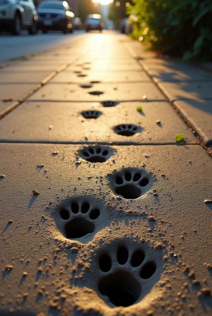 
Wet cat paw prints appear on dry asphalt, leading in a straight line down a sidewalk. The trail of paw prints ends at an open manhole in the middle of the sidewalk, suggesting that the cat may have jumped inside