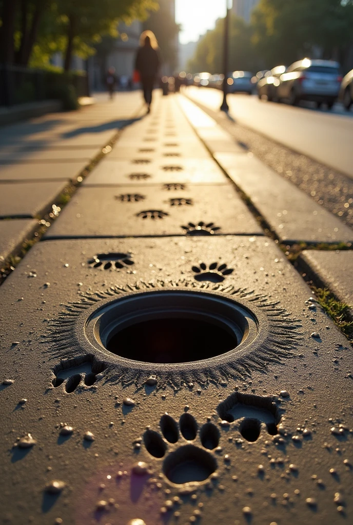 Wet cat paw prints appear on dry asphalt, leading in a straight line down a sidewalk. The trail of paw prints ends at an open manhole in the middle of the sidewalk, suggesting that the cat may have jumped inside
