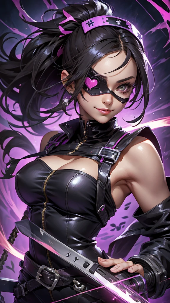 A beautiful girl wearing a black high-necked punk nurse outfit（20-year-old）A person with short purple-highlighted black hair, wearing an eyepatch with a heart on it, holding a small chainsaw and smiling.