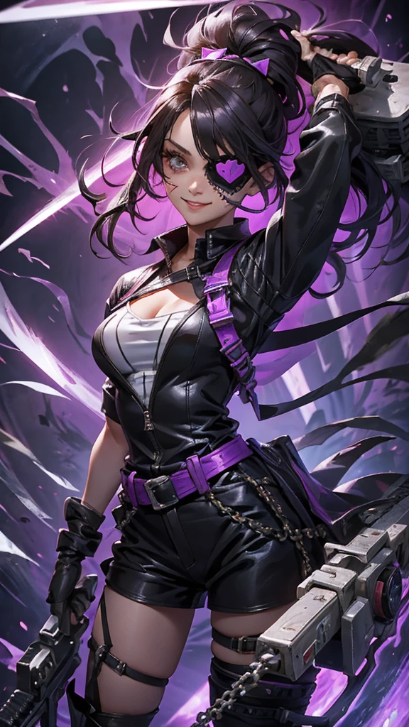 A beautiful girl wearing a black high-necked punk nurse outfit（20-year-old）A person with short purple-highlighted black hair, wearing an eyepatch with a heart on it, holding a small chainsaw and smiling.