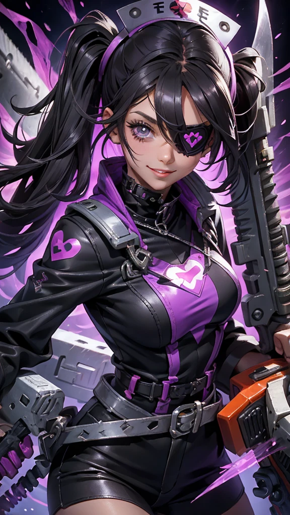 A beautiful girl wearing a black high-necked punk nurse outfit(20-year-old)A person with short purple-highlighted black hair, wearing an eyepatch with a heart on it, holding a small chainsaw and smiling.