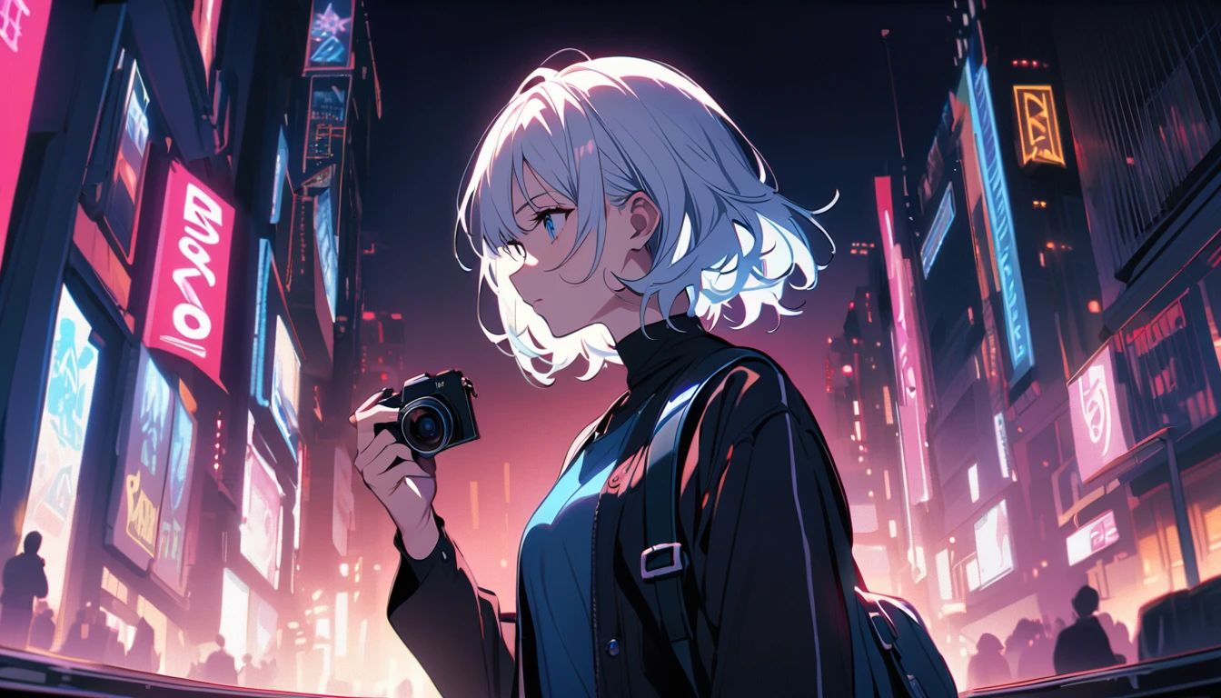 HD 8k Handsome sexy-cute, Solitary, 1 HD-8k Human focus female, looking away Medium Length Hair, white hair, Rainbow hair, blue Eyes, Big white t-shirt, background is 1980's City-Pop cute Tokyo, cell 80's camera in hand, looking away,