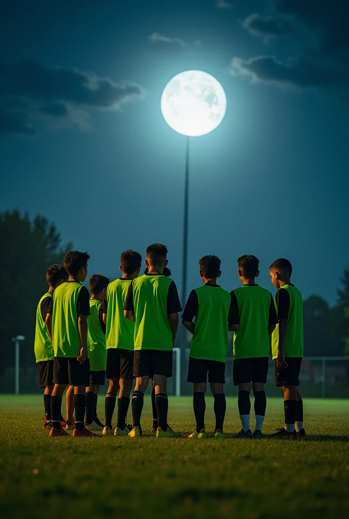 A football team gat green approne to play in a ground, and the ground under the moon playing football only boys