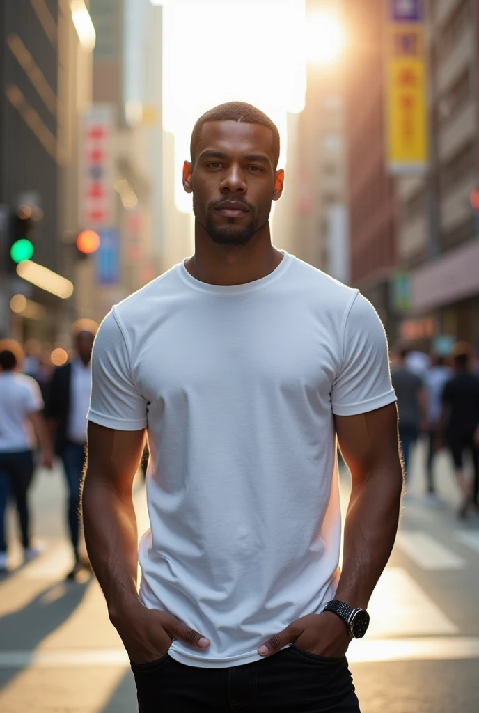 Create a gray man with very short hair wearing a white t-shirt, wearing a watch and wearing dress shoes. 