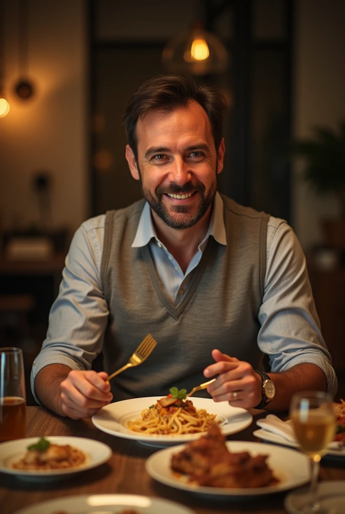 A  image of husband with a style of talking  and a plate in front of husband with a dinner