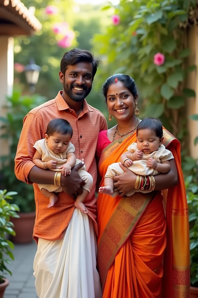 South Indian dark skin couples having two in their each hands
