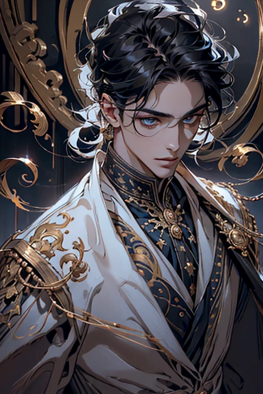 lamplight, Close-up cleavage, Handsome men, gold eyes, (Detailed eyes, The eyes are bright:1.2), Medium long black hair, pale-skinned, ear piercings, medium skin, dark blue coat, Meticulous suit, gold accessories on clothes, dark blue ties (perfect anatomia:1.2), Highqualityshadow, natural lightting, (White highlights:1.2),overcast day, (starrysky:1.2)