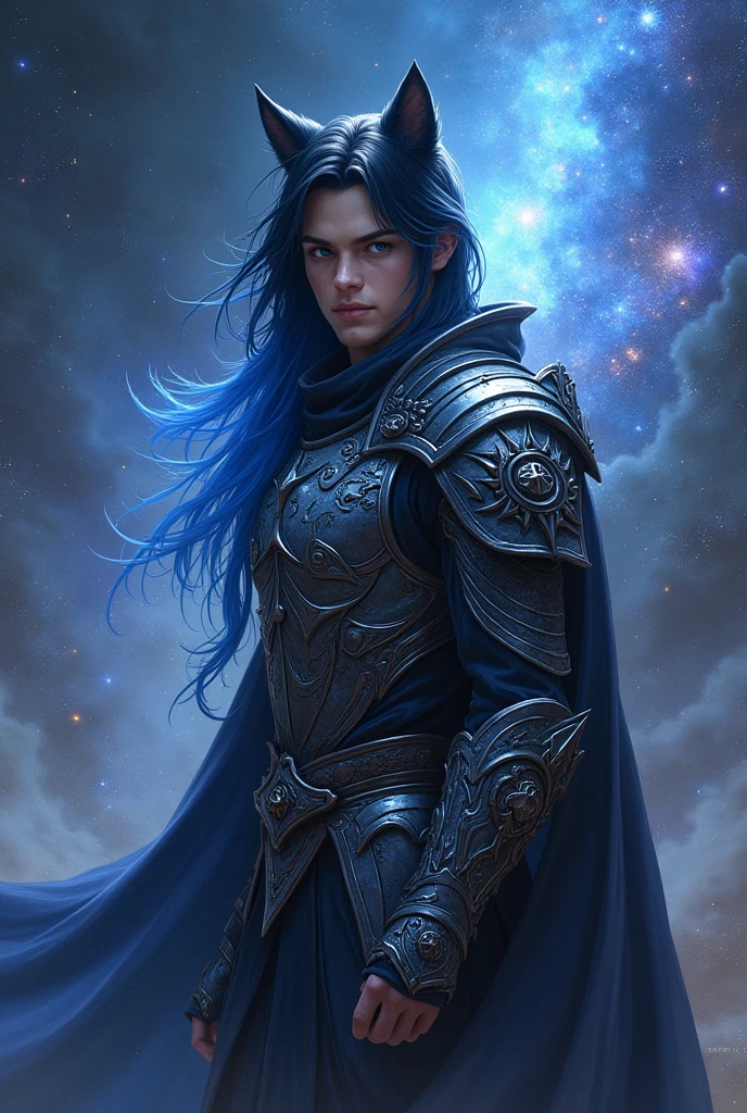 put the name: (The Eminent Divine Spirit), written in the drawing. Create a character, TEENAGE HUMAN MALE WITH WOLF DESIGN ARMOR with JAPANESE ANIME style drawing features, IN a cosmic environment, long black hair with a cobalt blue streak in one hair, cobalt blue eyes. DON'T FORGET THE NAME: (The Eminent Divine Spirit)