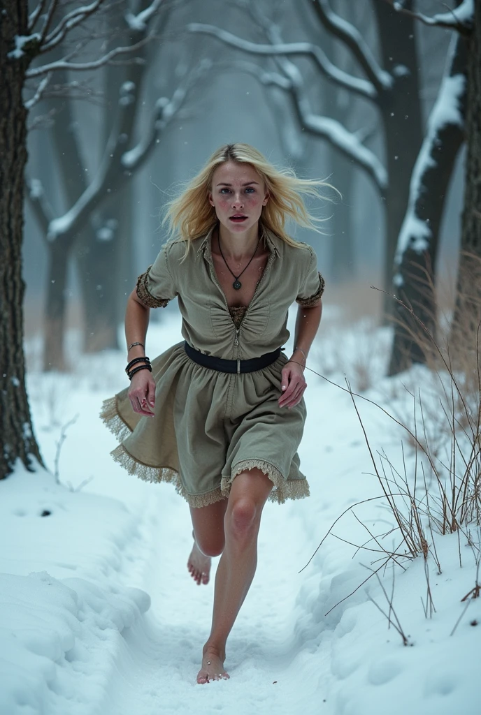 (((masterpiece))), (((Highest quality))), ((Very detailed)), (photograph), (photo:1.2) of a Russian gorgeous elder 50 years old running through the forest through snowdrifts, bare footed, Blondish, Medium-length hair without styling, Snow on wet hair, torn, Dirty, Bloodstained Short Long Sleeve Dress, Bracelet on the left wrist, necklace around the neck, His skin was covered with goosebumps, ((its snowing)), Running through a snowy forest barefoot in deep snow (The snow is almost knee-deep) In the middle of a winter forest, Looking Ahead, Snowy Wild Forest, It's cold, snowing, (run away quickly), ((frightened and distressed face:1.5)), Freezes, Lips turn blue, Thin body, shapely legs, steam from the mouth, stunned, frightened look, Deep Snow, Snowflakes fall, The elder body turns red, Cold, teardrops, hysterics, dread, The dress is torn, bruises, abrasions and bruises on the legs and face, (top_view_perspective:1.3), ((realistic hands)), (view from afar:1.5)