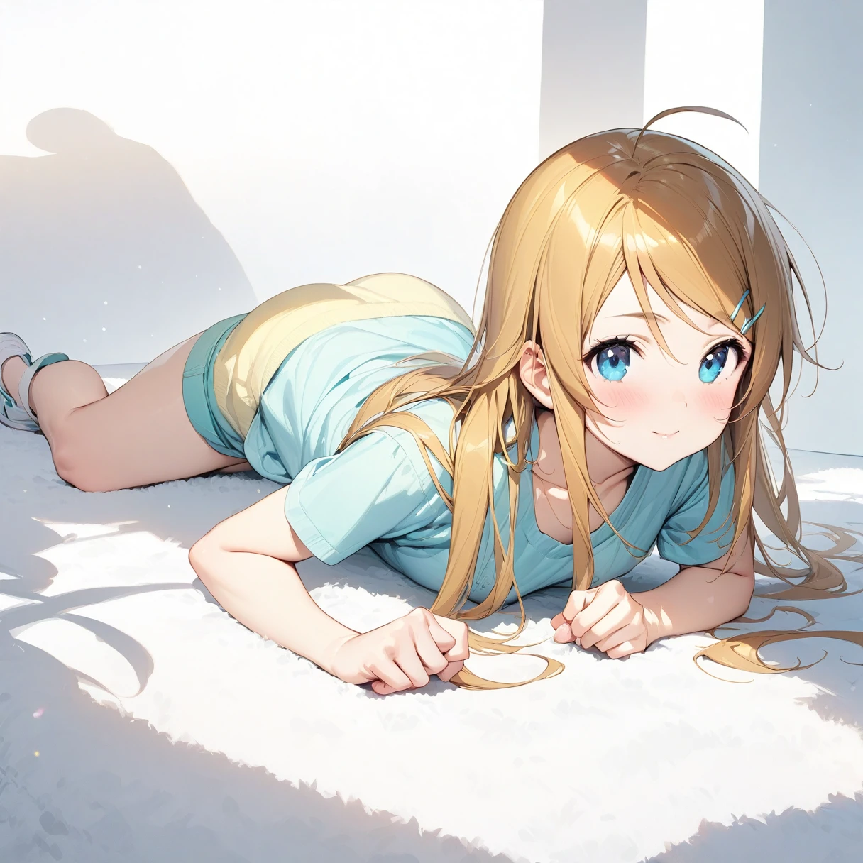 (masterpiece),(Highest quality),(Very detailed),(Best illustrations),(Best Shadow),(Kirino Takasaka),(so beautiful),,(White background),(White Room),(White carpet),kirino kousaka,My Little Sister Can't Be This Cute,Blonde,Long Hair,Hair Clip,Green Eyes,bangs,頭から足までwhole body,Schoolgirl in underwear,smile,whole body,solo,White detailed panties,White Detailed Bra,Expose,tits,Wet,Tilt the camera,Positive,One person,Crouching posture,
