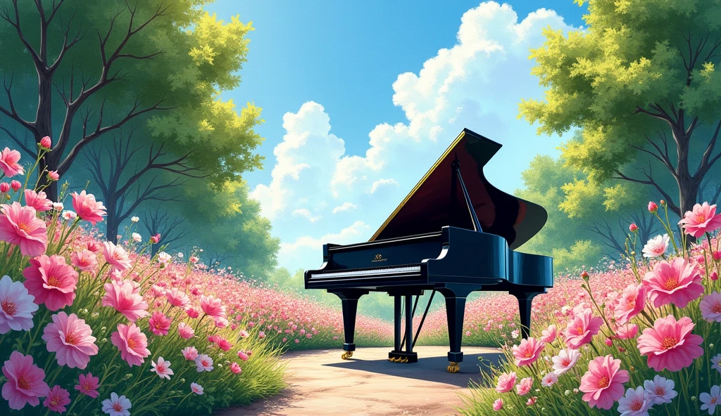 Bright summer daylight. A large black grand piano is placed in a sprawling flower garden, pink and white flowers are in full bloom, and soft sunlight is shining on them. The sky is a clear blue, with few clouds and strong sunlight casting shadows on the earth. The trees in the distance are dark green, expressing the vividness of summer. Overall, bright, warm light fills the scene, vividly depicting the beauty of nature.” Paint in the style of a watercolor painting.