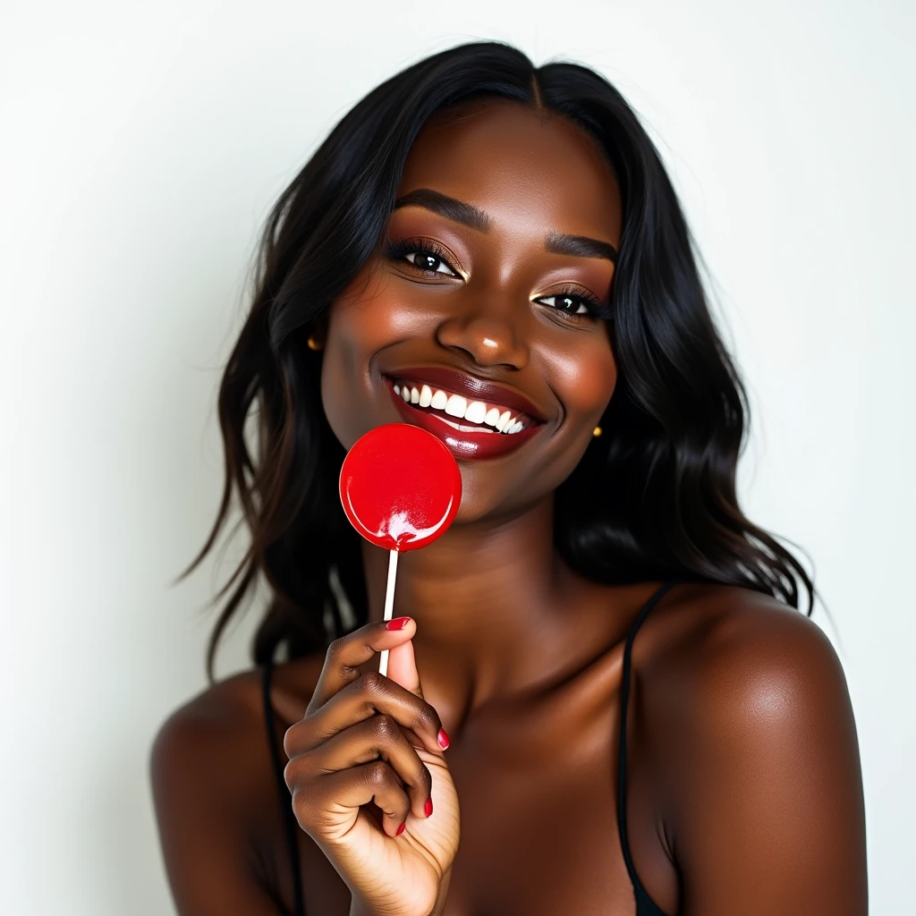 Sexy black model, smile, portrait, pose, lollipop, plain white background, studio shoot