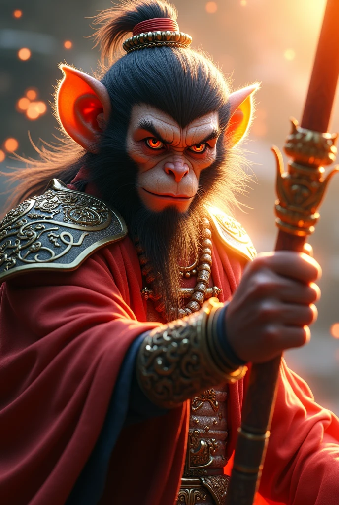 Sun Wukong bard, 3D style face, fierce eyes, holding a golden and red long stick in his hand, wearing Chinese ancient costume armor,epic scene, dark fantasy style, holographic light and shadow, holographic halo, rich background,photo realistic photo , Hyperrealistic, Artgem with Yoi Shinkawa and Hyung - Tae Kim Drawing, Effects Rich, 3D Art, OC Renderer Rendering, Realistic Details, Extremely Fine Detail, Detailed Description, Unreal Engine,Front View, Full Body Shot, Natural Light, Good Viewing angle,