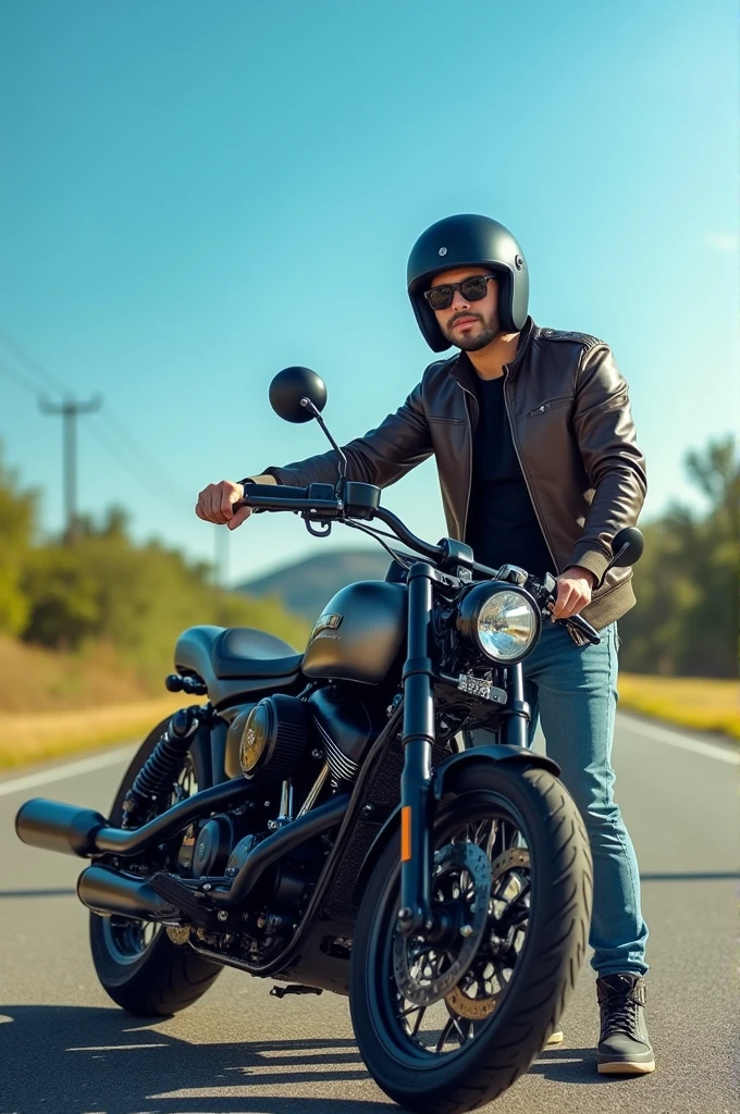 "A person in casual riding gear, including a helmet and sunglasses, stands proudly next to a sleek, heavy-duty bike. The person has an athletic build, wearing a comfortable jacket and jeans, with their hands resting on the bike's handlebars. The bike is a robust, high-performance model with a glossy finish. The background features an open road or scenic landscape, showcasing a clear blue sky and a hint of greenery. The lighting is bright and natural, highlighting both the bike and the person."
