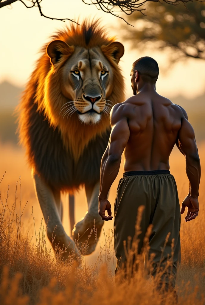 Buff boy fighting a lion