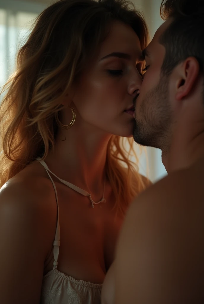 Magnificent detail, 8k photos, Hyperrealism, Professional light, realistic background, visual depth, wide angle lens, whole nude bodies, 1 hotwife woman doing oral sex of a loving man, exhibitionism, Vouyer, horn, explicit sex