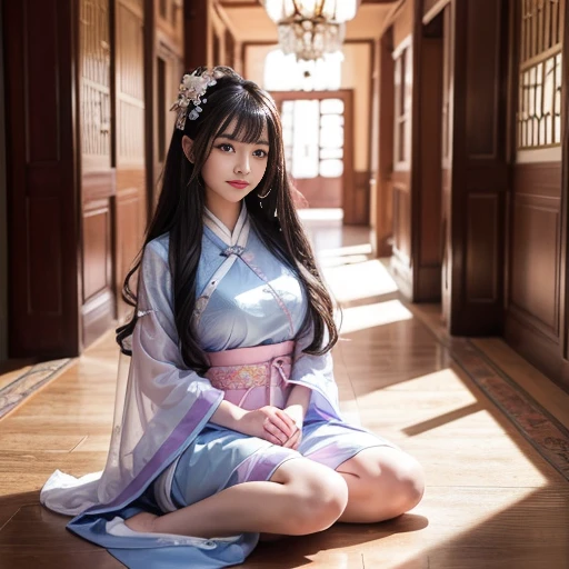 Sideways photo,best quality, Delicate face，beautiful visual work, lifelike, eternity, black hair, Long curly hair, blunt bangs, Smile, Detailed Background, Delicate face，blush，cold，((masterpiece))、(top quality)、8k、high detail、Super detailed，31 years old female，Wearing Tang Dynasty Hanfu、waist skirt, Clothes are light and fluffy，Hanfu, wide sleeves, Transparent sleeves, Tunic, Clothes made of chiffon, Seductive and whimsical style、masterpiece、born、Scenes resembling fairy tale illustrations、Intricate details and complex designs、Beautifully、magic、capricious、 Beautifully、Dream aesthetics、「𝓡𝓸𝓶𝓪𝓷𝓽𝓲𝓬、ethereal、charming、fickle、magic」、Realism、Visual effects、FXAA、SSAO、Shaders、voiceless、ambient lighting、Tone mapping、High resolution、Ultra high quality、Million pixels、(8K resolution:1.10)、8k、Below 8K、8K resolution、high detail、intricate details， (high quality:1.2、masterpiece:1.2、:1.21)、(31 years old female:1.21)、(Smile excitedly)、(full-body shot，Normal 2 feet，Put your hands behind you，The protrusion of the breast is visible when wearing clothes, Large Breasts, H cup chest, antiquity, Xian Xia, gauze clothes, Soft and fluttering, Fairy, dream, fantasy, light, elegant, nature, Immortal, romantic, classical, ribbon, light purple clothes, In the Forbidden City corridor，Chinese Palace Corridor,imperial palace,Palace corridor，full shot