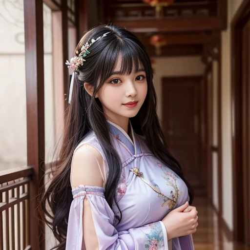 Sideways photo,best quality, Delicate face,beautiful visual work, lifelike, eternity, black hair, Long curly hair, blunt bangs, Smile, Detailed Background, Delicate face,blush,cold,((masterpiece))、(top quality)、8k、high detail、Super detailed,31 years old female,Wearing Tang Dynasty Hanfu、waist skirt, Clothes are light and fluffy,Hanfu, wide sleeves, Transparent sleeves, Tunic, Clothes made of chiffon, Seductive and whimsical style、masterpiece、born、Scenes resembling fairy tale illustrations、Intricate details and complex designs、Beautifully、magic、capricious、 Beautifully、Dream aesthetics、「𝓡𝓸𝓶𝓪𝓷𝓽𝓲𝓬、ethereal、charming、fickle、magic」、Realism、Visual effects、FXAA、SSAO、Shaders、voiceless、ambient lighting、Tone mapping、High resolution、Ultra high quality、Million pixels、(8K resolution:1.10)、8k、Below 8K、8K resolution、high detail、intricate details, (high quality:1.2、masterpiece:1.2、:1.21)、(31 years old female:1.21)、(Smile excitedly)、(full-body shot,Normal 2 feet,Put your hands behind you,The protrusion of the breast is visible when wearing clothes, Large Breasts, H cup chest, antiquity, Xian Xia, gauze clothes, Soft and fluttering, Fairy, dream, fantasy, light, elegant, nature, Immortal, romantic, classical, ribbon, light purple clothes, In the Forbidden City corridor,Chinese Palace Corridor,imperial palace,Palace corridor,full shot
