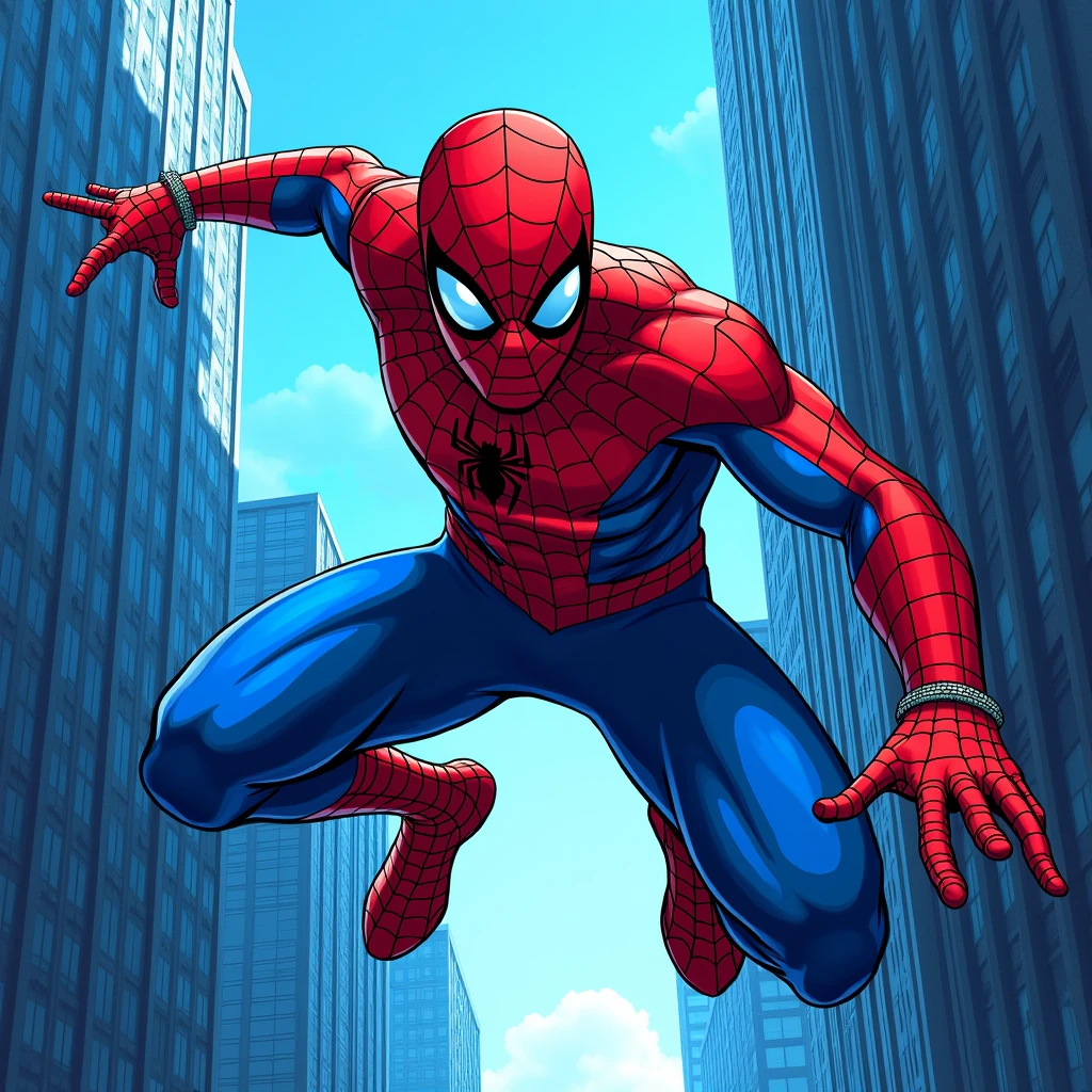 a highly detailed 4k comic book style illustration of spider-man swinging between skyscrapers, dynamic action pose, vivid blue hue, extremely detailed expressive facial features and costume, comic book shading and linework, vibrant colors, cinematic lighting, heroic and energetic atmosphere, masterfully executed, photorealistic, no deformity, no plastic, super realistic, stamping t-shirt